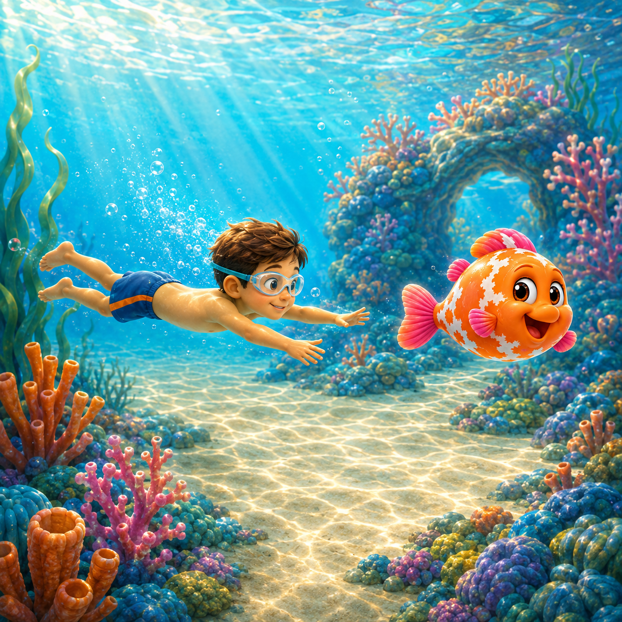 Un enfant se déplace sous l’eau en direction du personnage imaginaire Bilibli dans un décor aquatique.