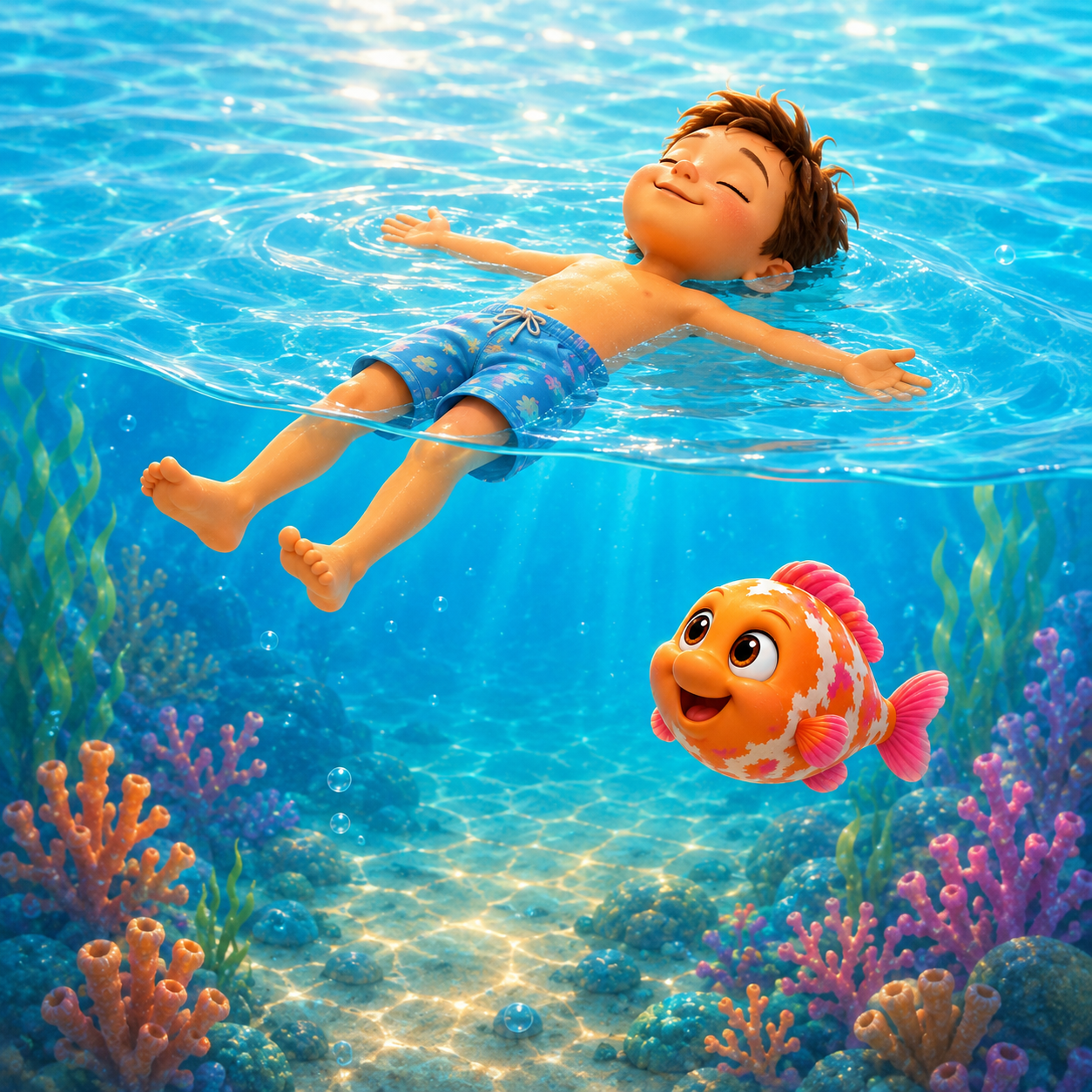 Un enfant flotte calmement sur le dos tandis que le personnage imaginaire Bilibli nage à proximité.