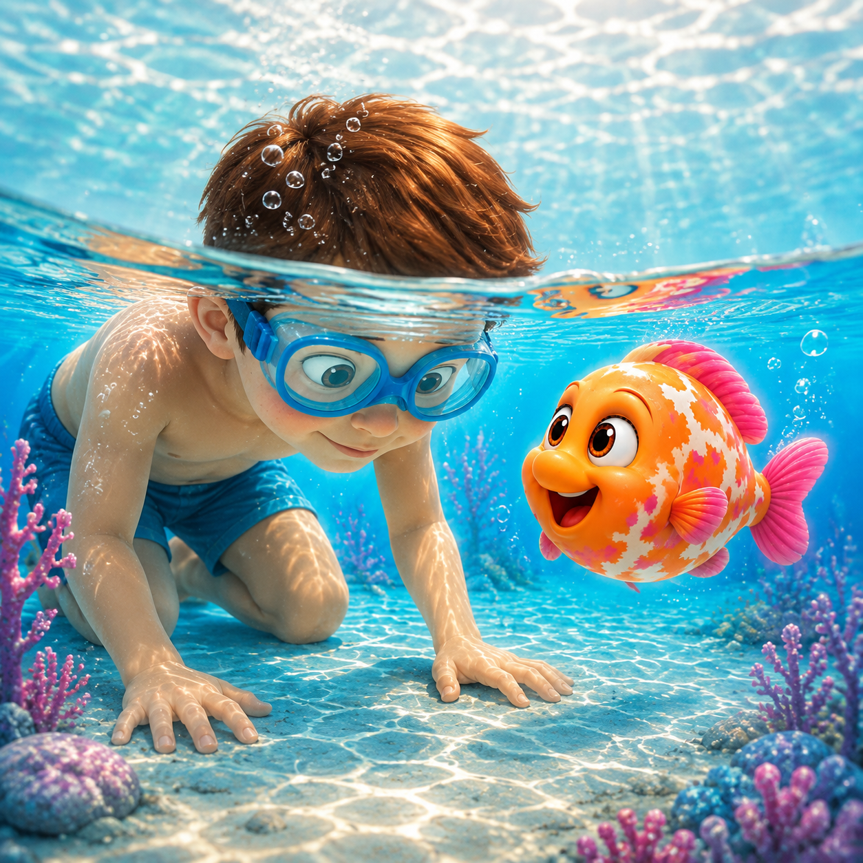 Un enfant avec des lunettes de piscine met calmement la tête sous l’eau face au personnage imaginaire Bilibli.