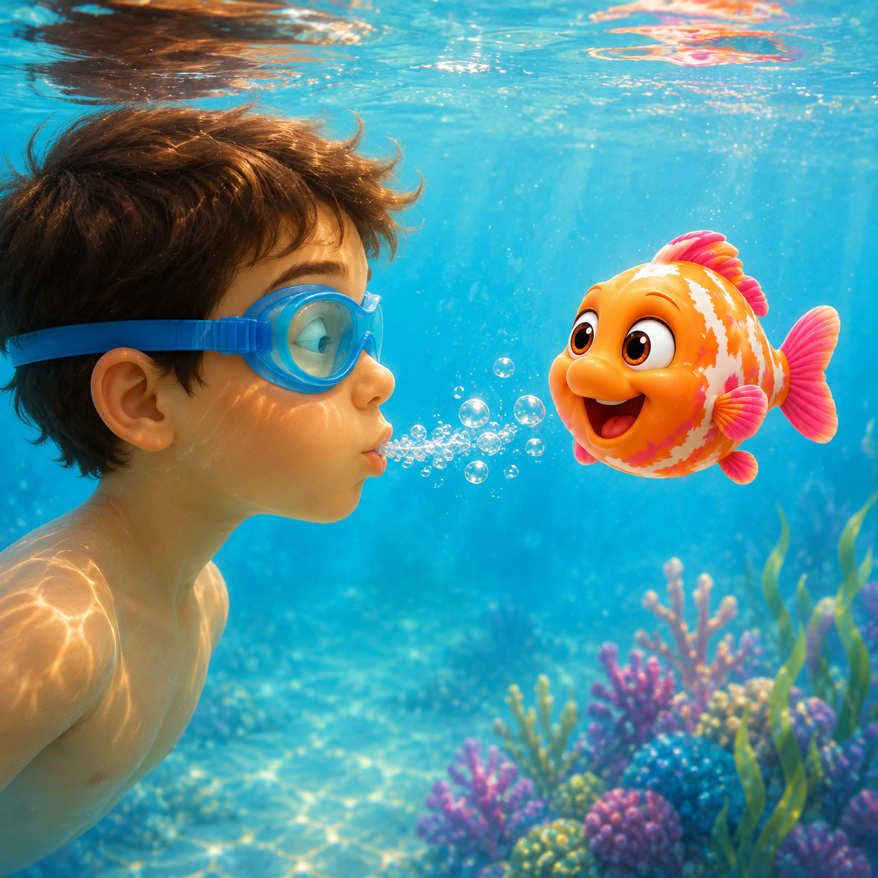 Un enfant souffle calmement des bulles sous l’eau face au personnage imaginaire Bilibli.