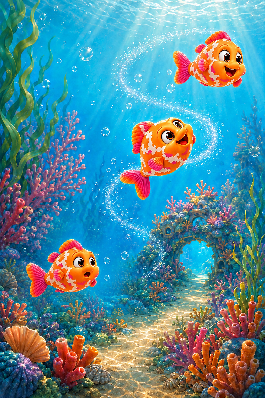Trois poses successives du même Bilibli montrent le petit poisson effectuant une pirouette, perdant ses repères puis cherchant le chemin de son corail.