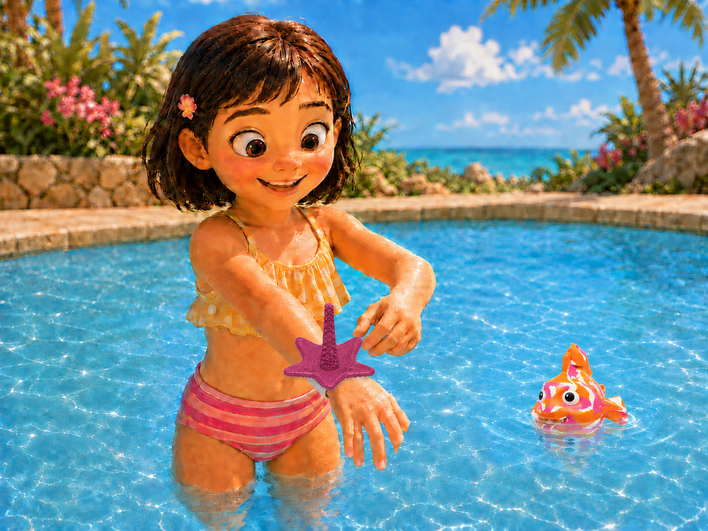 Une fillette attache la base corail autour de son avant-bras, à la surface de la piscine.