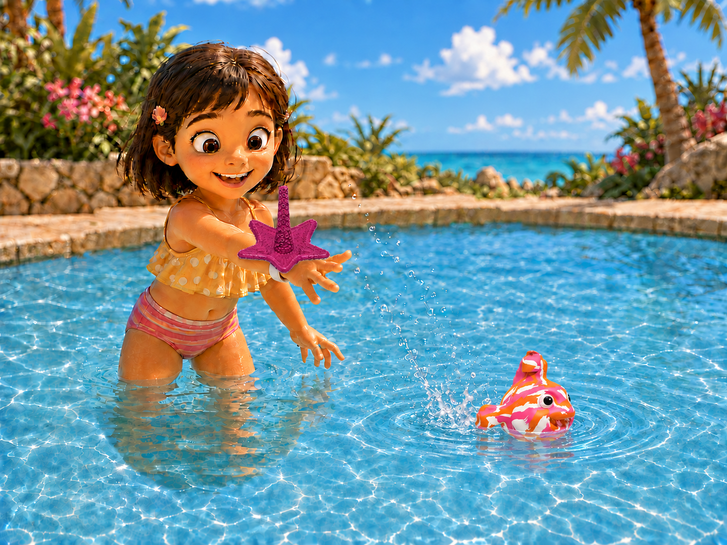 La même fillette lance doucement Bilibli devant elle, à la surface de la piscine.