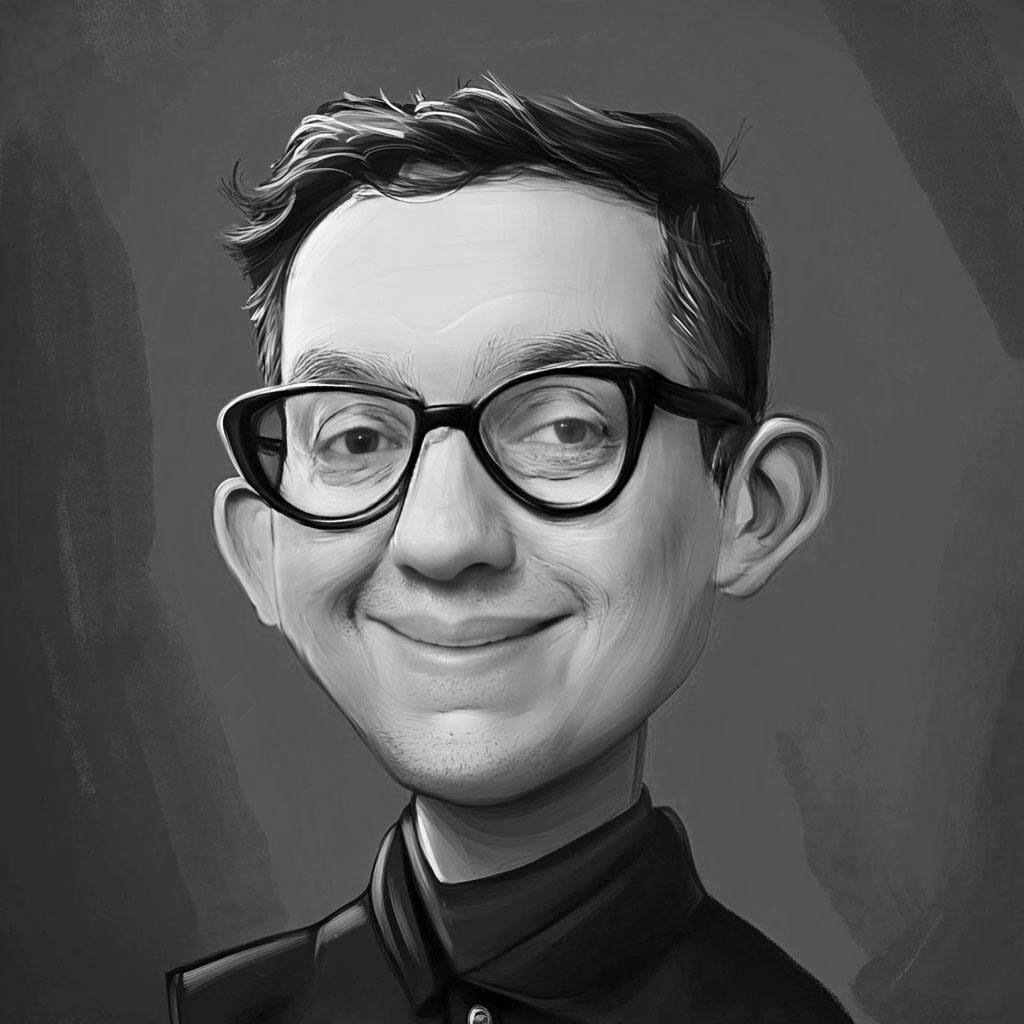 Black-and-white caricature of Oli, a founding member of Educaqua.